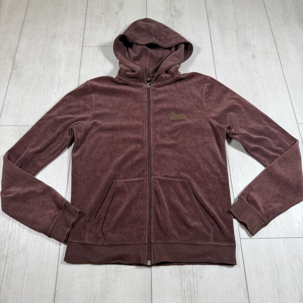 Von Dutch Full Zip Hoodie Women Large Brown Embroidered Logo Jacket